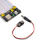 Hands On Breadboard Kit With Power Supply Module And Jumper Wires Battery Clip 830 And 400 Tie Point Boards USB Or DC Power 3V3 Output Under 700mA Great For Prototyping And Maker Projects including a battery clip and DC power connector.