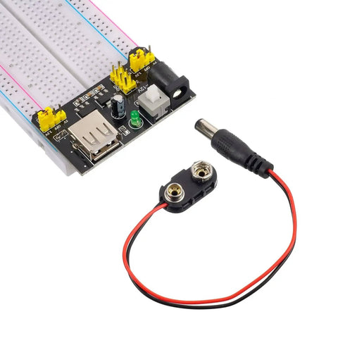Hands On Breadboard Kit With Power Supply Module And Jumper Wires Battery Clip 830 And 400 Tie Point Boards USB Or DC Power 3V3 Output Under 700mA Great For Prototyping And Maker Projects including a battery clip and DC power connector.