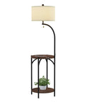 Go-To Space Saving Floor Lamp With End Table And USB Port, modern rustic standing light with shelves and drum shade, plant on shelf
