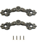 Two vintage 1.68 inch bronze finish drawer pulls with zinc alloy, viewed from above, including screws, ideal for dressers or cabinets.