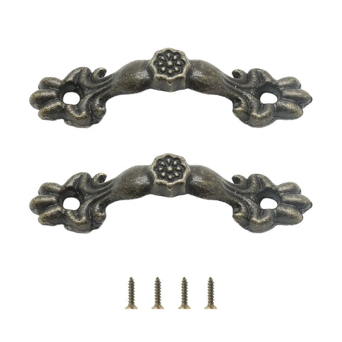 Two vintage 1.68 inch bronze finish drawer pulls with zinc alloy, viewed from above, including screws, ideal for dressers or cabinets.
