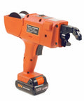 Handheld Automatic Rebar Tier Tying Gun With Cordless Power Steel Bar Tie Tool Compact Electric Wire Cutter For Construction Sites Includes Two Chargeable Batteries Lightweight Design Boosts Labor Efficiency Great For Tight Spaces And Tough Jobs Orange close-up showing the electric wire cutter and battery.