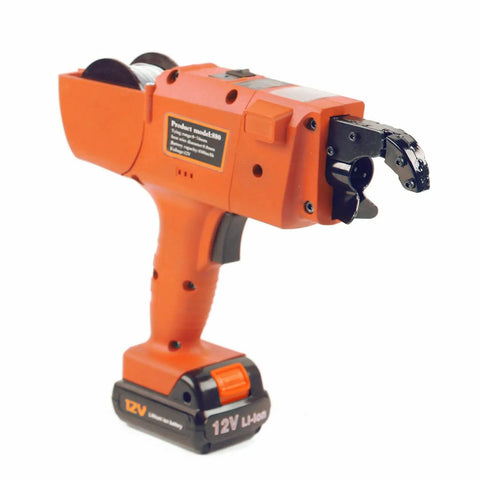 Handheld Automatic Rebar Tier Tying Gun With Cordless Power Steel Bar Tie Tool Compact Electric Wire Cutter For Construction Sites Includes Two Chargeable Batteries Lightweight Design Boosts Labor Efficiency Great For Tight Spaces And Tough Jobs Orange close-up showing the electric wire cutter and battery.