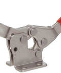 Horizontal Handle Hold Down Action Clamp 213 USS Toggle Style Rock Solid Workholding Clamp With Stainless Steel Hex Head Spindle And Washers Maximized Bar And Handle Clearance For Easy Operation, red handle, stainless steel