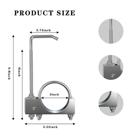 Product dimensions showing Heavy Duty Exhaust Clamps With Hangers Fits 3 Inch Universal Exhaust Pipe Rear Muffler Hanger For Cars And Trucks
