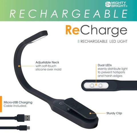 Rechargeable Clip On Book Light With Warm Eye Care LEDs, Flexible Gooseneck, Dimmable From Two To Ten Lumens, Micro USB Quick Charge