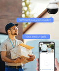 Delivery person holding a package with Outdoor Security Camera 4MP WiFi Pan Tilt All-Around Coverage IP65 Waterproof visible