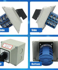 32A Rotary Changeover Switch Box With Exterior Housing, 3 Position 3 Phase, 12 Terminals, IP65 Cam Switch, Side and Bottom Views
