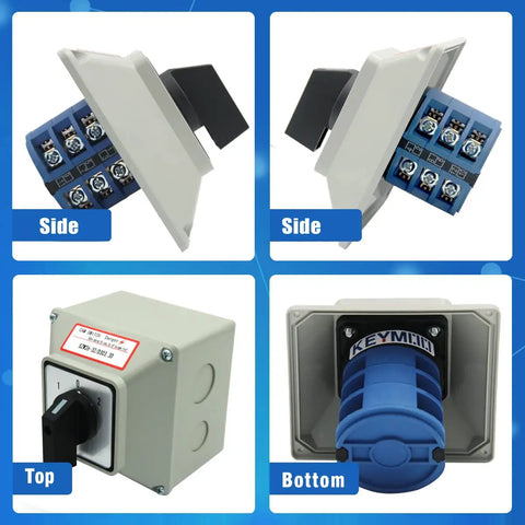 32A Rotary Changeover Switch Box With Exterior Housing, 3 Position 3 Phase, 12 Terminals, IP65 Cam Switch, Side and Bottom Views