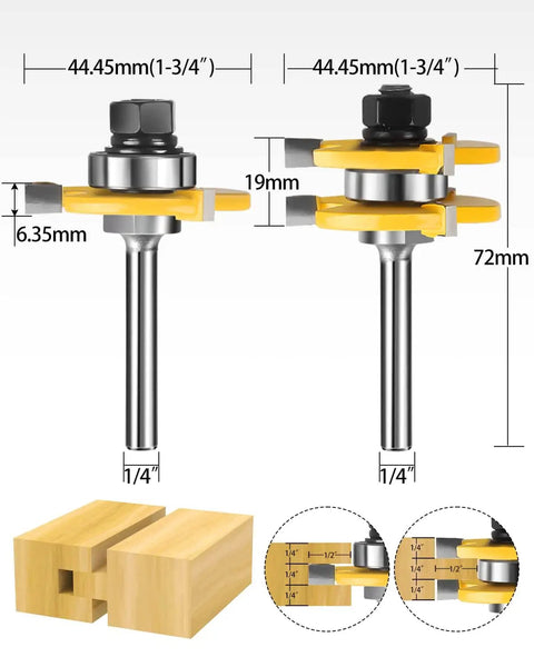 One Quarter Inch Shank Tongue And Groove Router Bits Set And Reversible Finger Joint Router Bit Three Pack Pro Grade diagram