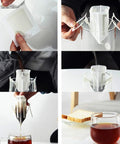 Step-by-step use of Grab And Go Portable Disposable Drip Coffee Bags With Hanging Ear for easy coffee brewing.