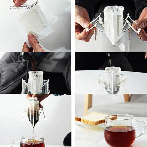Step-by-step use of Grab And Go Portable Disposable Drip Coffee Bags With Hanging Ear for easy coffee brewing.