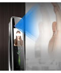 Top Shelf Smart Electronic Door Lock With 3D Face Recognition And Palm Vein Access, biometric scan in action with front panel display.