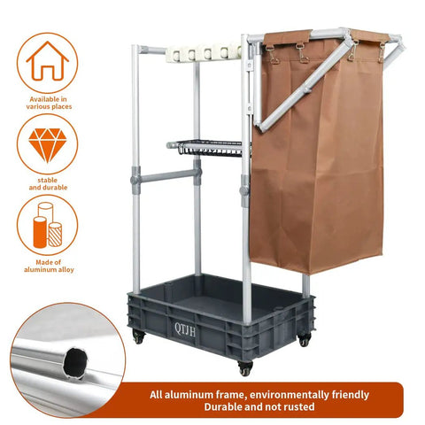 Heavy Duty Mobile Housekeeping Cart With Slick Rolling Wheels Built In Storage Shelves And Solid Broom Mop Holder with aluminum frame.