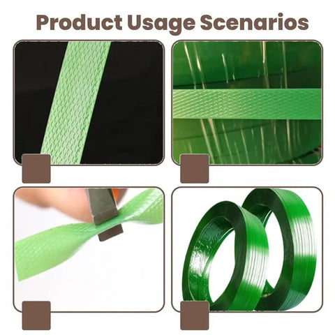 Heavy-Duty Strapping Tape Rolls And Flat Woven Fiber Rope Kit For Securing Heavy Loads, Burr-Free Edges, Lightweight And Durable Packaging Supplies, 6 Roll Set shown in usage scenarios