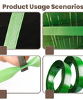 Rugged Heavy Duty Packaging Strapping Tape Rolls And Flat Woven Fiber Rope Kit in green PET plastic with usage scenarios