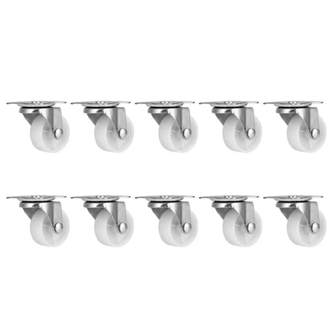 Rcniso 10 Pack White PP Universal Casters Wheels featuring smooth 360 degree rotation, ideal for cabinet and furniture movement.