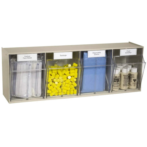 TiltView Plastic Storage Cabinet With Four Tilt Out Bins For Quick Access holding medical supplies in clear bins, stone finish