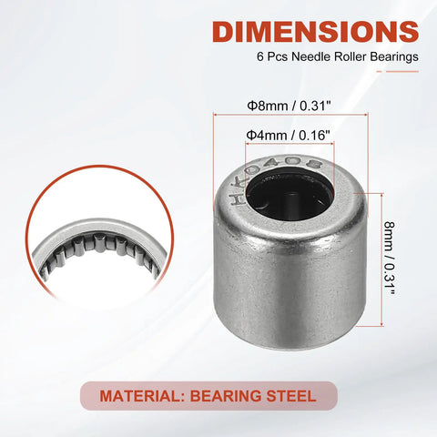 4x8x8 mm Needle Roller Bearings 6Pcs Set In Steel Full Complement Drawn Cup Open End For Gearbox Replacement