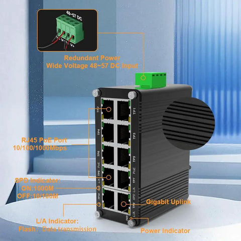 Industrial 8-Port 10/100/1000T PoE Plus 2-Port 10/100/1000T Din Rail Mount Go-To Gigabit Ethernet Switch with redundant power