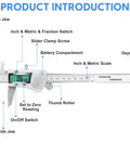 Diagram of IP54 Waterproof Digital Caliper Tool No Frills With Large LCD Screen Stainless Steel Vernier Caliper For 0 To 6 Inches Inch Metric Fraction Conversion Electronic Micrometer Caliper For DIY And Home Projects showing components.