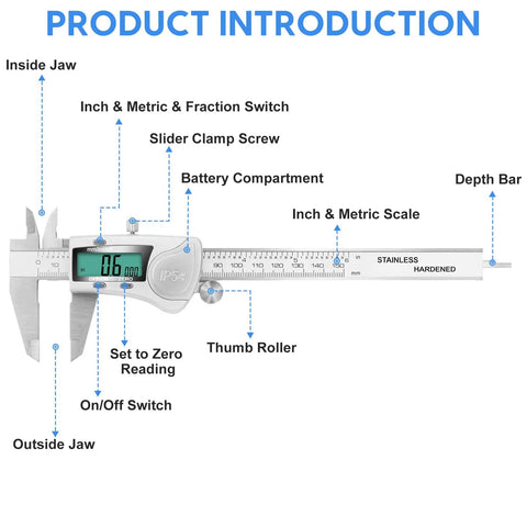 Diagram of IP54 Waterproof Digital Caliper Tool No Frills With Large LCD Screen Stainless Steel Vernier Caliper For 0 To 6 Inches Inch Metric Fraction Conversion Electronic Micrometer Caliper For DIY And Home Projects showing components.