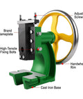 Beefy Professional Grade Manual Arbor Press Machine Anchored By A Solid Cast Iron Base with adjusting screws and handwheel.