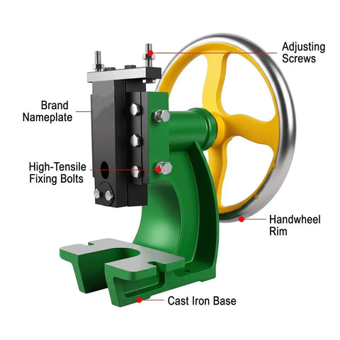 Beefy Professional Grade Manual Arbor Press Machine Anchored By A Solid Cast Iron Base with adjusting screws and handwheel.
