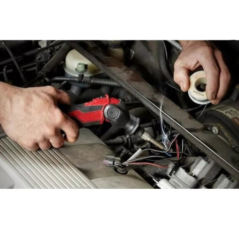 Person using Pointed Soldering Tip For 49-80-0400 Cordless Soldering Iron Model 2488-20 for wire repair in car engine