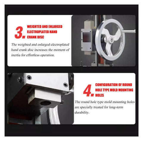Heavy Duty Cast Iron Manual Arbor Press Workhorse For Precision Punching Riveting Stamping With Adjustable Handwheel Design showing hand crank disc and mold mounting holes.