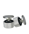 Close-up of 6061 T6 Aluminum Welding Helmet Fasteners Replacement Pair for Hood Mounts showing anodized silver finish and textured grip.