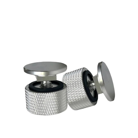 Close-up of 6061 T6 Aluminum Welding Helmet Fasteners Replacement Pair for Hood Mounts showing anodized silver finish and textured grip.