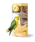 No Sweat Semi Enclosed Automatic Bird Feeder With Generous Fifty Ml Seed Stash For Parrots Canaries And Cockatiels Easy Open Lid with colorful budgie.