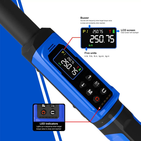 Close-up of a Digital Torque Wrench Half Inch Drive 3.8 to 250.8 Ft-Lb 5 to 340 Nm with LCD screen and LED alerts.