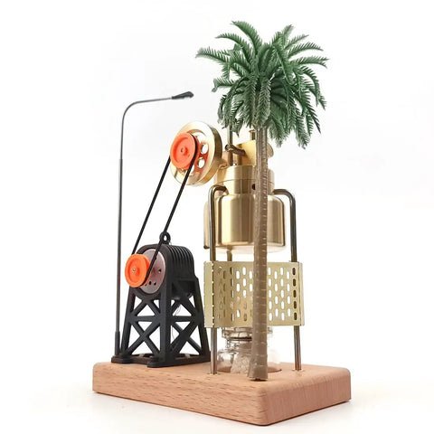 Mini Three Legged Vertical Swing Steam Engine Kit With Boiler And Power Generating Units, Premium Brass Build With CNC Machined Details, Easy To Use At Home For A Slick Display And Realistic Educational Demos, side view