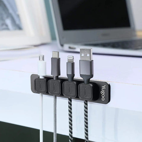 Magnetic Cable Holder Clips Dope Desk Organizer For All Wires, 2 Pack In Black And White, mounted on a desk with cables attached.