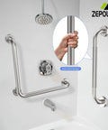Brushed Nickel L Shaped Grab Bar 16 Inch Rock Solid Wall Mount Safety Handle Heavy Duty Rustproof Stainless Steel Assist Rail in shower.