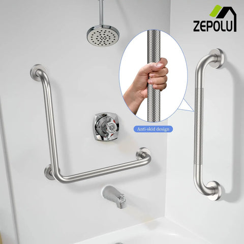 Brushed Nickel L Shaped Grab Bar 16 Inch Rock Solid Wall Mount Safety Handle Heavy Duty Rustproof Stainless Steel Assist Rail in shower.