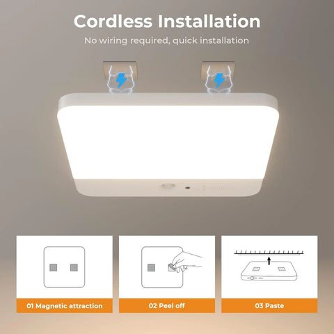 Cordless Motion Sensor LED Ceiling Light With Rechargeable Battery, Magnetic Mount, Remote, Three Color Temperatures