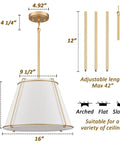 3 Light Gold Pendant Light Featuring White Linen Cone Shade And Sturdy Metal Cage with dimensions and adjustable length options.