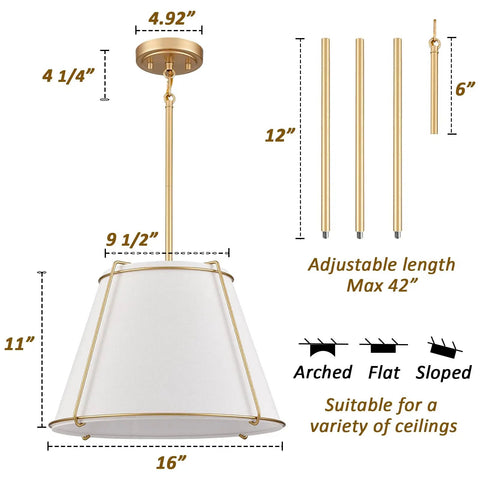 3 Light Gold Pendant Light Featuring White Linen Cone Shade And Sturdy Metal Cage with dimensions and adjustable length options.