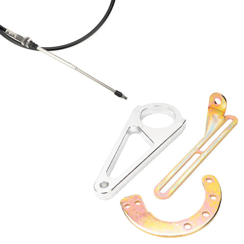 Adjustable Shifter Linkage Kit For GM Transmissions Bolts To Aftermarket Steering Columns With Slick Six Foot Stainless Cable And Tough Aluminum Mount Perfect For Thm350 Thm400 And 4L60E Gearboxes Straight Out The Gate components showing stainless cable, aluminum mount, and brackets.