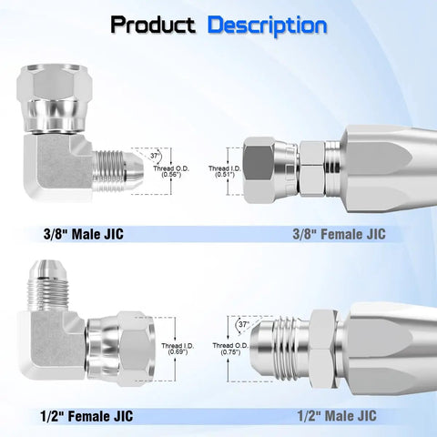 Beefed Up Hydraulic Adapter Fitting 3/8 Inch JIC 37 Degree Male To 1/2 Inch Female JIC 37 Degree Swivel SAE J514 fitting diagram