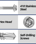 Size Twelve Hex Washer Head Self Drilling Screws With Piercing Tips For Quick Sheet Metal And Lumber Jobs Stainless Steel 410 shows a detailed view of hex head and piercing tip.