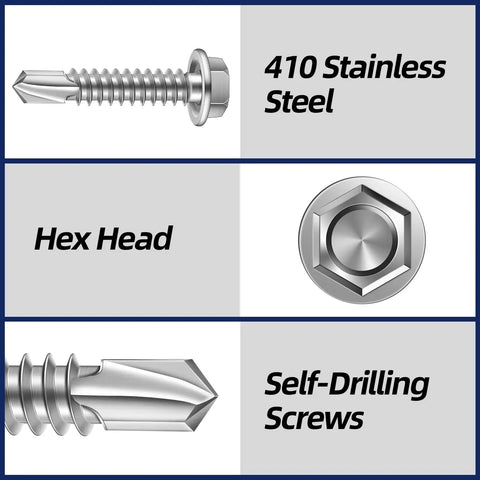Size Twelve Hex Washer Head Self Drilling Screws With Piercing Tips For Quick Sheet Metal And Lumber Jobs Stainless Steel 410 shows a detailed view of hex head and piercing tip.