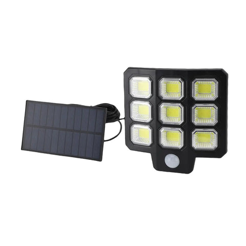 Eminchu Solar Flood Light for Patio Yard, 240 LED with solar panel, showcasing 240 LEDs for outdoor lighting.