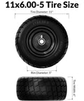 Flat Free Lawn Mower Tire and Wheel Set 11 By 6.00 By 5 Front Solid Tires for Zero Turn Mowers, top and side view
