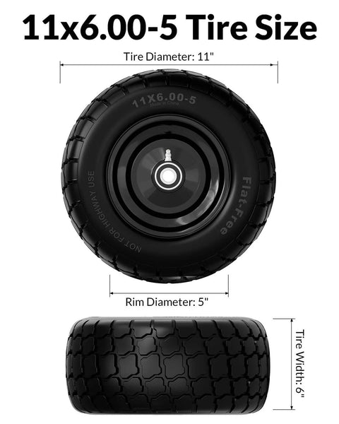Flat Free Lawn Mower Tire and Wheel Set 11 By 6.00 By 5 Front Solid Tires for Zero Turn Mowers, top and side view