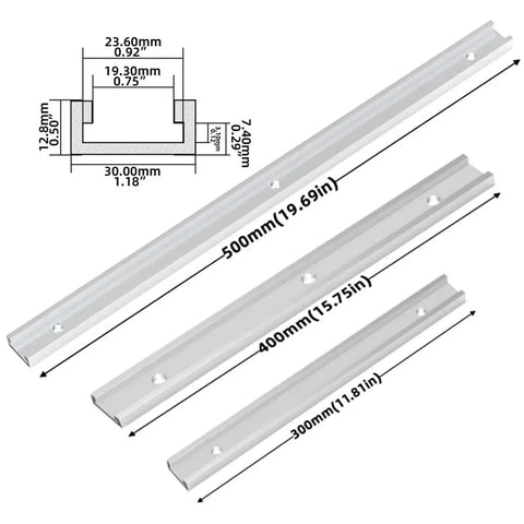 Heavy Duty Aluminum T Track Miter Slot Fence Guide For Woodworking Jigs with three sizes displayed: 300mm, 400mm, 500mm.