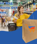 Woman shopping in a supermarket with DIY Grocery Paper Bags 200 Pack 14x10x15.75 Inch Kraft Color With Handles 110 GSM featured